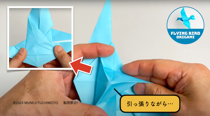 【飛んでいる鳥】折り方のポイント　羽側と胴体側をバランス良く引っ張る