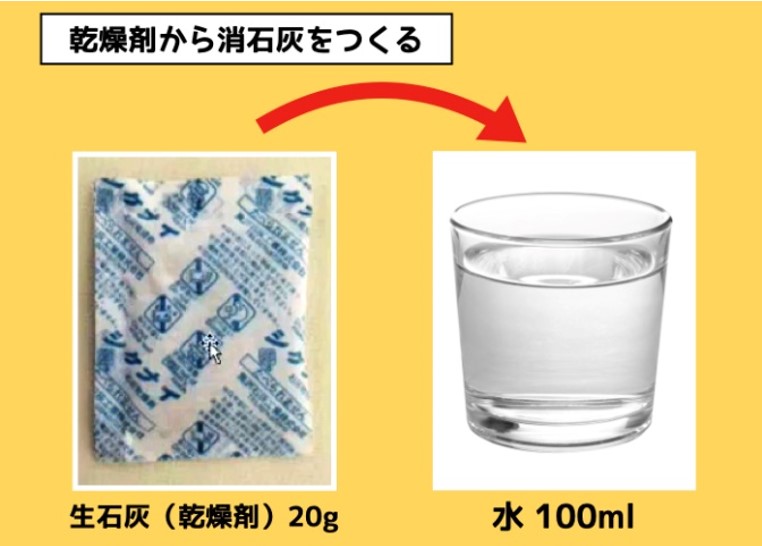 【スケスケの葉っぱ（葉脈標本）をつくろう】生石灰（乾燥剤）と水で消石灰をつくる